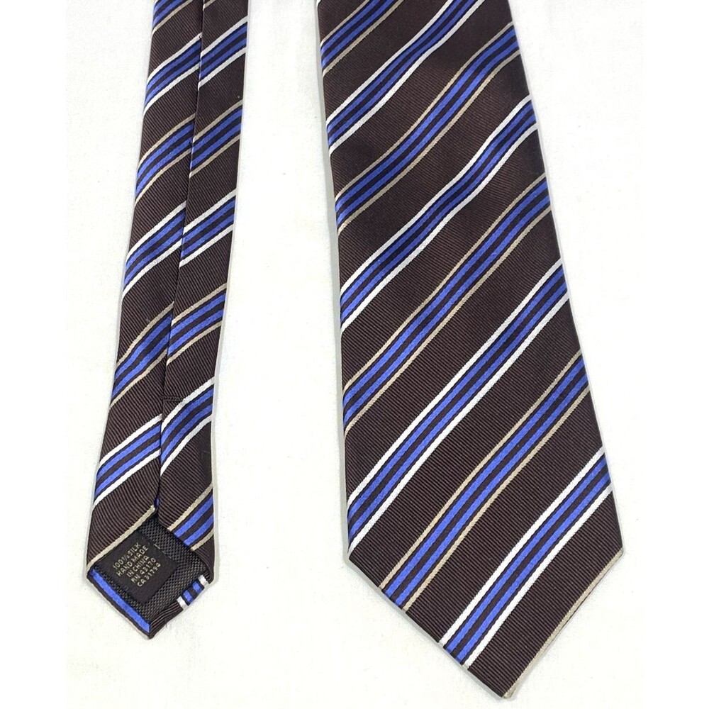 Tasso Elba 100% Silk Necktie Brown with Blue Silver Gold Pin Stripes Hand Made